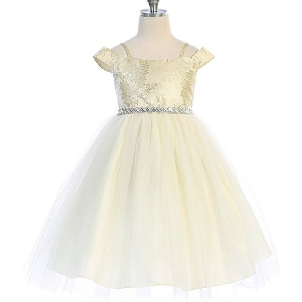 NWT Gold Rhinestone-accent Tulle off-shoulderDress